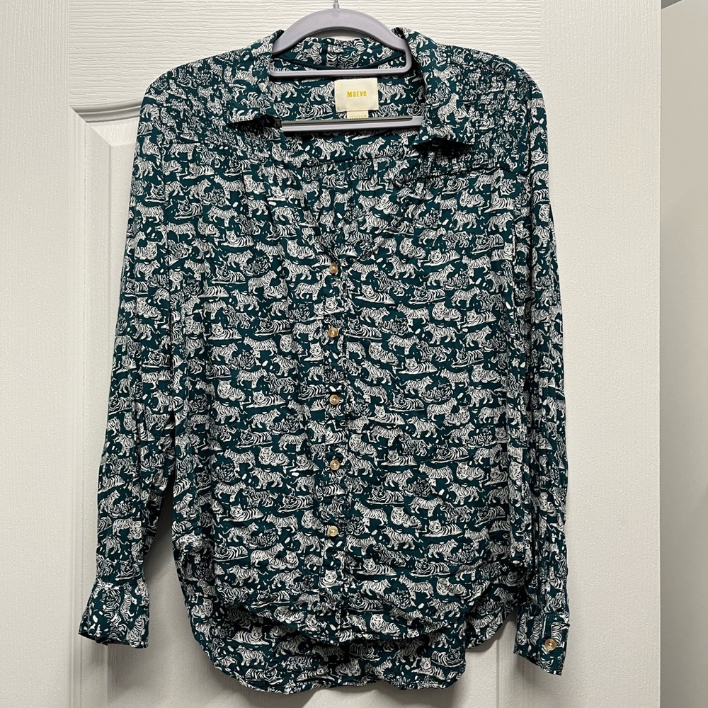 Anthropologie Green and White Animal Print Shirt